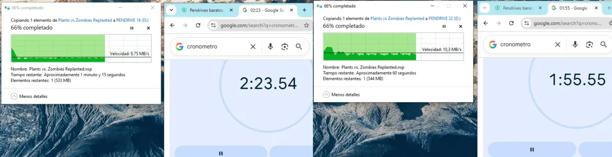Copiando archivo en SanDisk Cruzer Blade 16GB vs 32GB al 66% de progreso